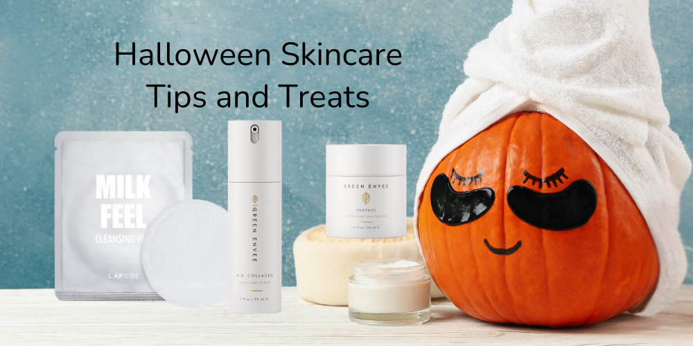 various skincare products with a pumpkin wearing a spa head wrap that reads halloween skincare tips and treats