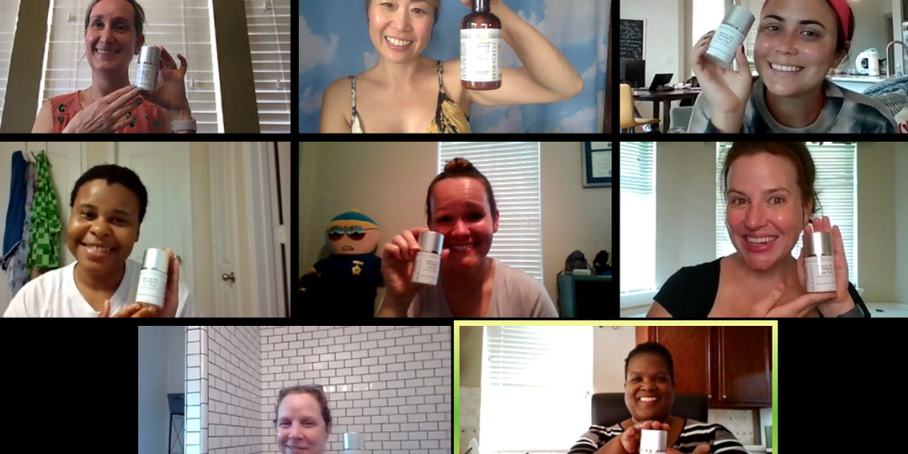 image of a virtual facial session with 8 women enjoying an online corporate wellness event.