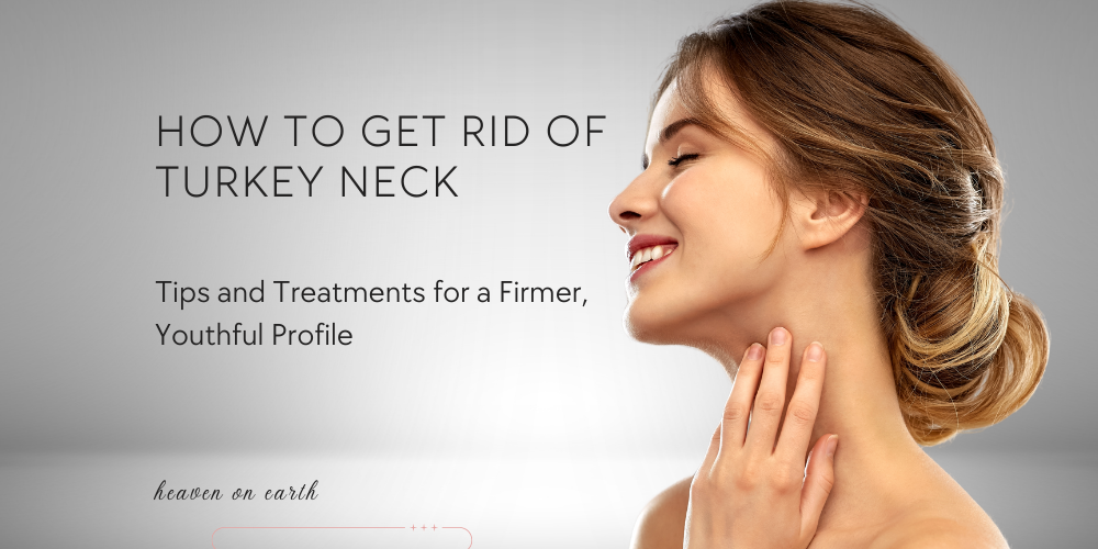 an image of woman holding her neck, how to ger rid of turkey neck, tips and treatments for a firmer neck.