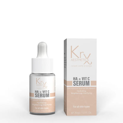 image depicting a bottle of the KrX HA VIT C Serum standing next to its packaging box. 