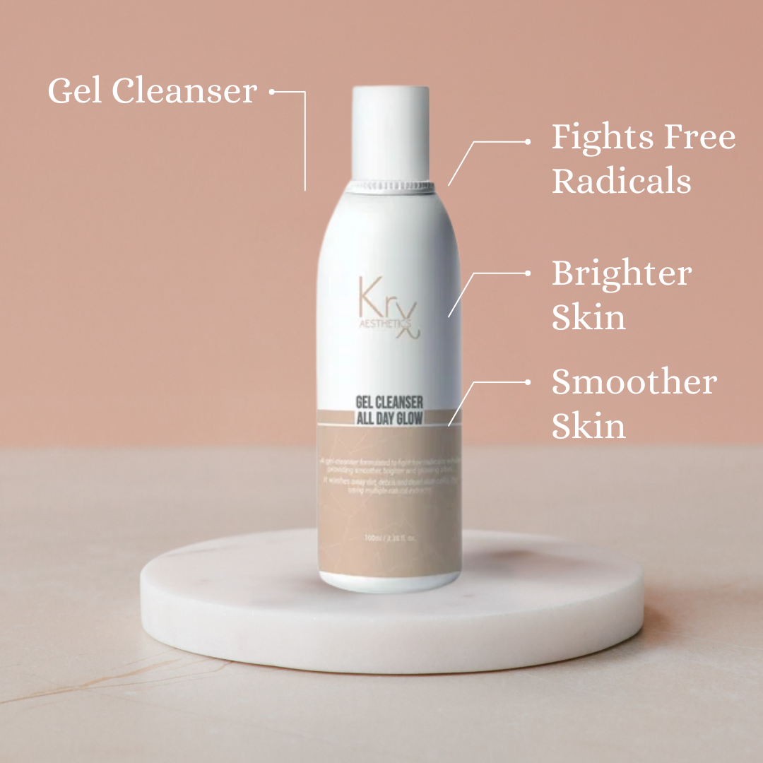 the krx aestheitcs gel cleanser all day glow that leaves skin clean, fresh brighter and smoother available at heaven on earth aspen. 