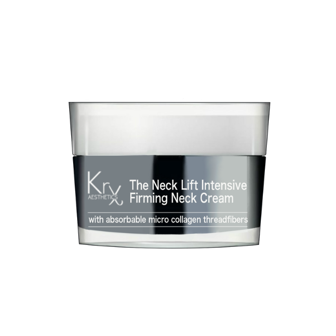 silver jar and white lid of the krx aesthetics neck lift intensive firming neck cream