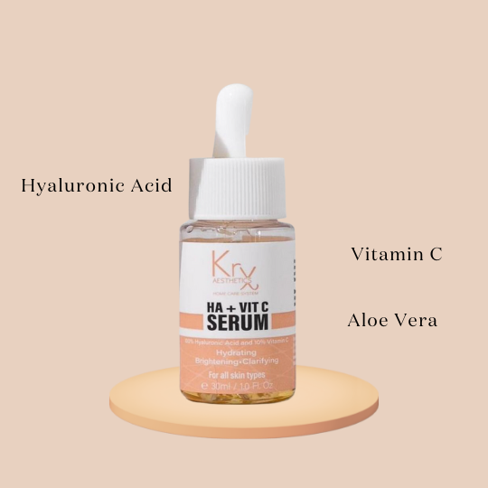 image of the KrX HA + Vitamin C Serum that lists Hyaluronic Acid, Vitamin C and Aloe Vera as its top ingredients. 