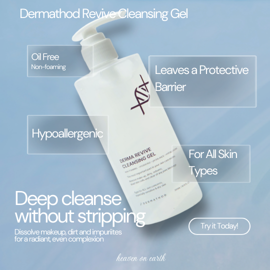 graphic depicting the benefits of the dermathod derma revive cleansing gel at heaven on earth aspen 