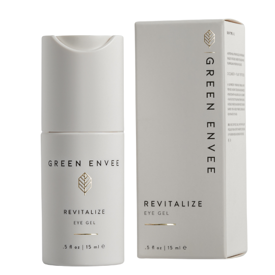 small pump bottle and packaging of the green envee revitalize eye gel at heaven on earth aspen 