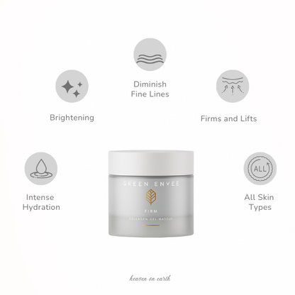 graphic showing the benefits of the green emvee firm collagen gel masque: intense hydration, brightening, diminish fine lines, firms and lifts, for all skin types. 