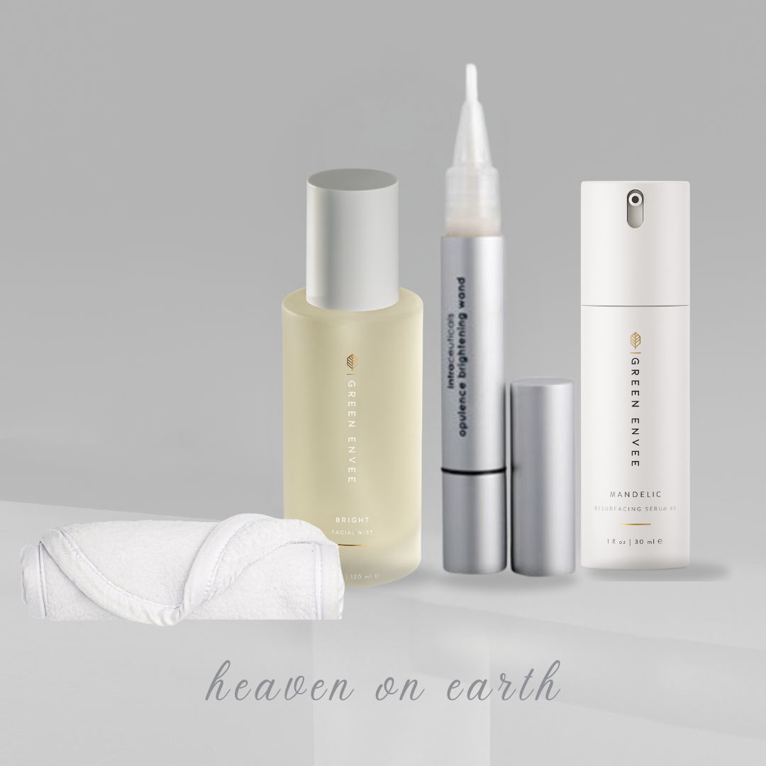 image showing the heaven on earth subscription box &quot;fade into fall&quot; which has the green envee bright facial mist, the green envee mandelic serum 8% and the intraceuticals opulence brightening wand. 