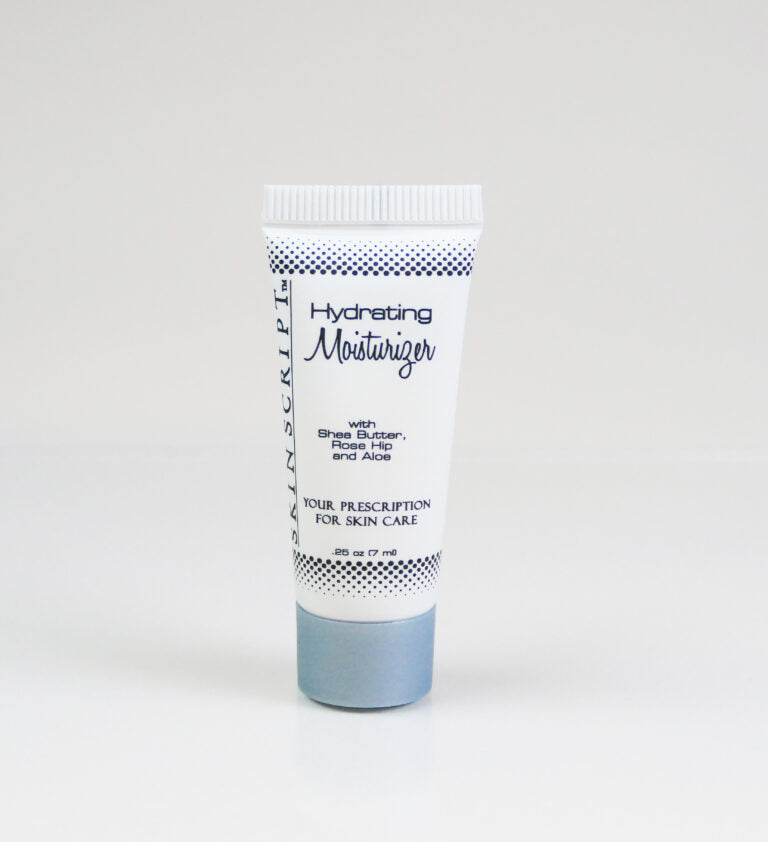 image of a small squeeze tube sample of the skin script hydrating moisturizer sold online at heaven on earth aspen.