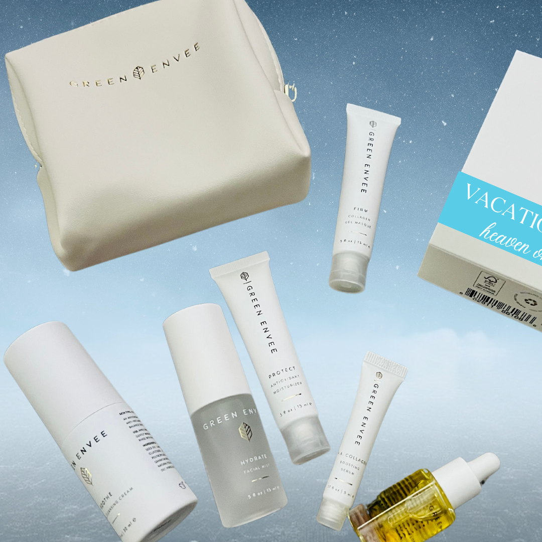 luxury minis of the heaven on earth vacation rescue kit that includes the green envee soothe herbal cleansing cream, bright facial mist, h.a. collagen boosting serum, firm collagen gel masque, protect antioxidant moisturizer and the flora elixir oil. all from green envee.