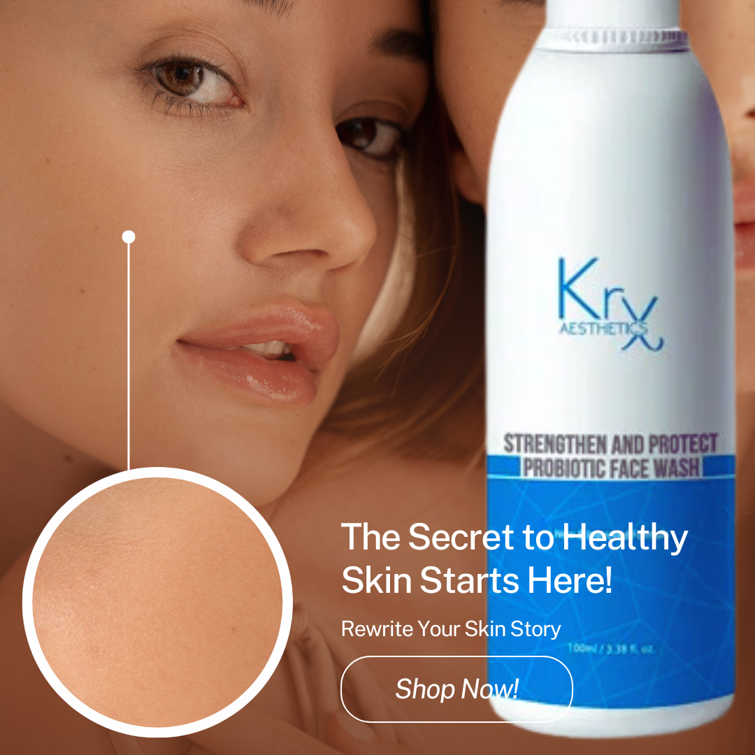 young girl with a magnifier that shows clear skin with the bottle of the krx probiotic face wash at heaven on earth that says: the secret to healthy skin starts here. rewrite your skin story. shop now! 