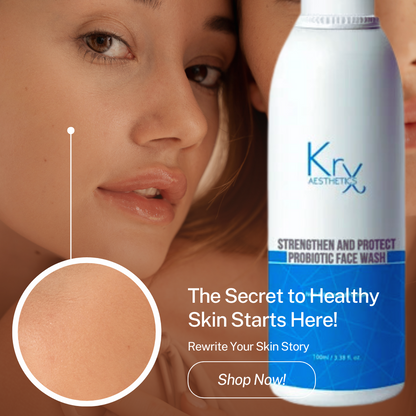 young girl with a magnifier that shows clear skin with the bottle of the krx probiotic face wash at heaven on earth that says: the secret to healthy skin starts here. rewrite your skin story. shop now! 