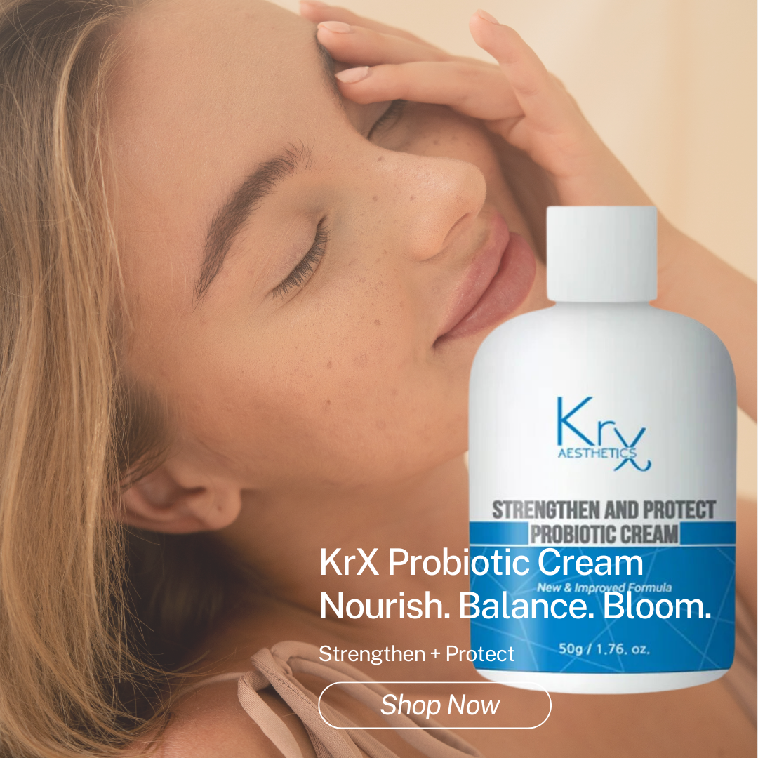 image of a young woman and the krx probiotic cream that reads: nourish. balance. bloom. strengthen and protect.  shop now. 