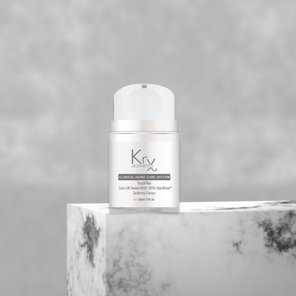 bottle of the krx youthplex face lift serum on a black and white brick marble wall.