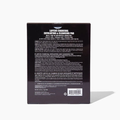 back side of packaging of the lapcos charcoal exfoliating &amp; cleansing pad sold at heaven on earth aspen