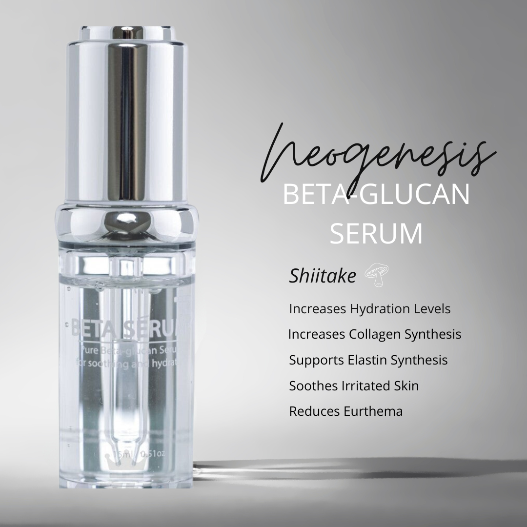 Image of the benefits of NeoGenesis Beta Glucan Serum: Shiitake - increases hydration levels, increases collagen synthesis, supports elastin synthesis, soothes irritated skin, reduces eurthema. 