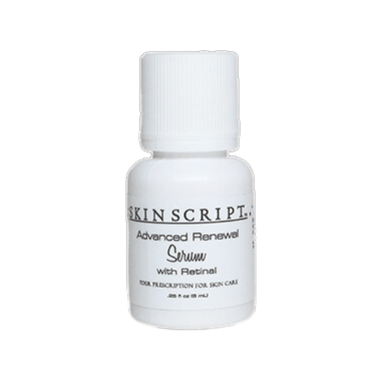 small white sample bottle of the skin script advance renewal serum with retinol available at heaven on earth 