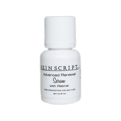 small white sample bottle of the skin script advance renewal serum with retinol available at heaven on earth 